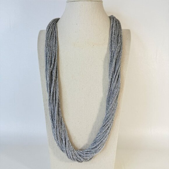 Multi Strand Metallic Cord Twist Necklace Silver Tone Long Length - Picture 1 of 7